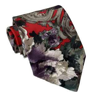 Italianissimo Neck Tie Red w/Purple/Gray/White Floral design Bold Polyester